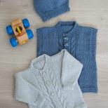 k381 Cabled Front Cardigan, Vest and Hat